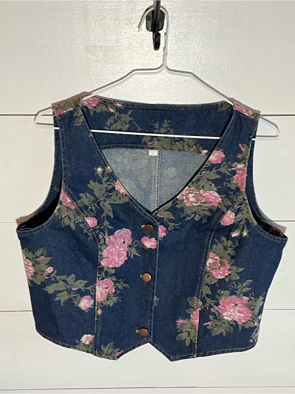 Denim Floral Button-Front Vest - Pink Floral